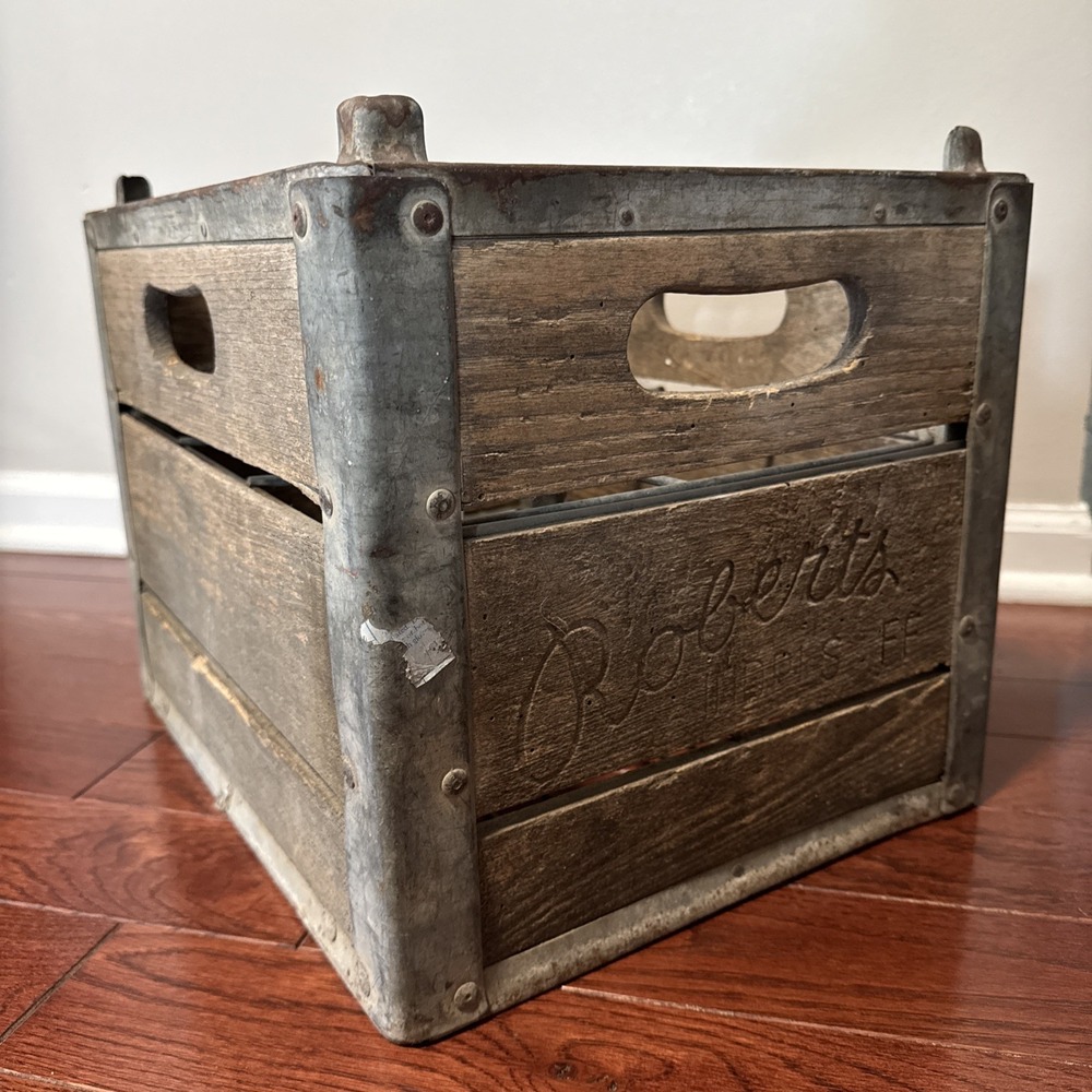 Vintage 60s Roberts Dairy Wooded Milk Crate Galvanize Metal Indianapolis Indiana